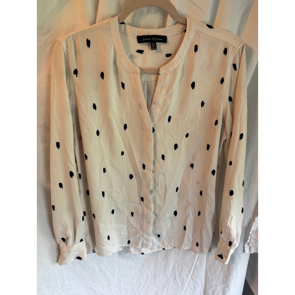 Jasmine & Juliana Cream Black Polka Dot Split Neck Blouse Small Long Sleeve Top